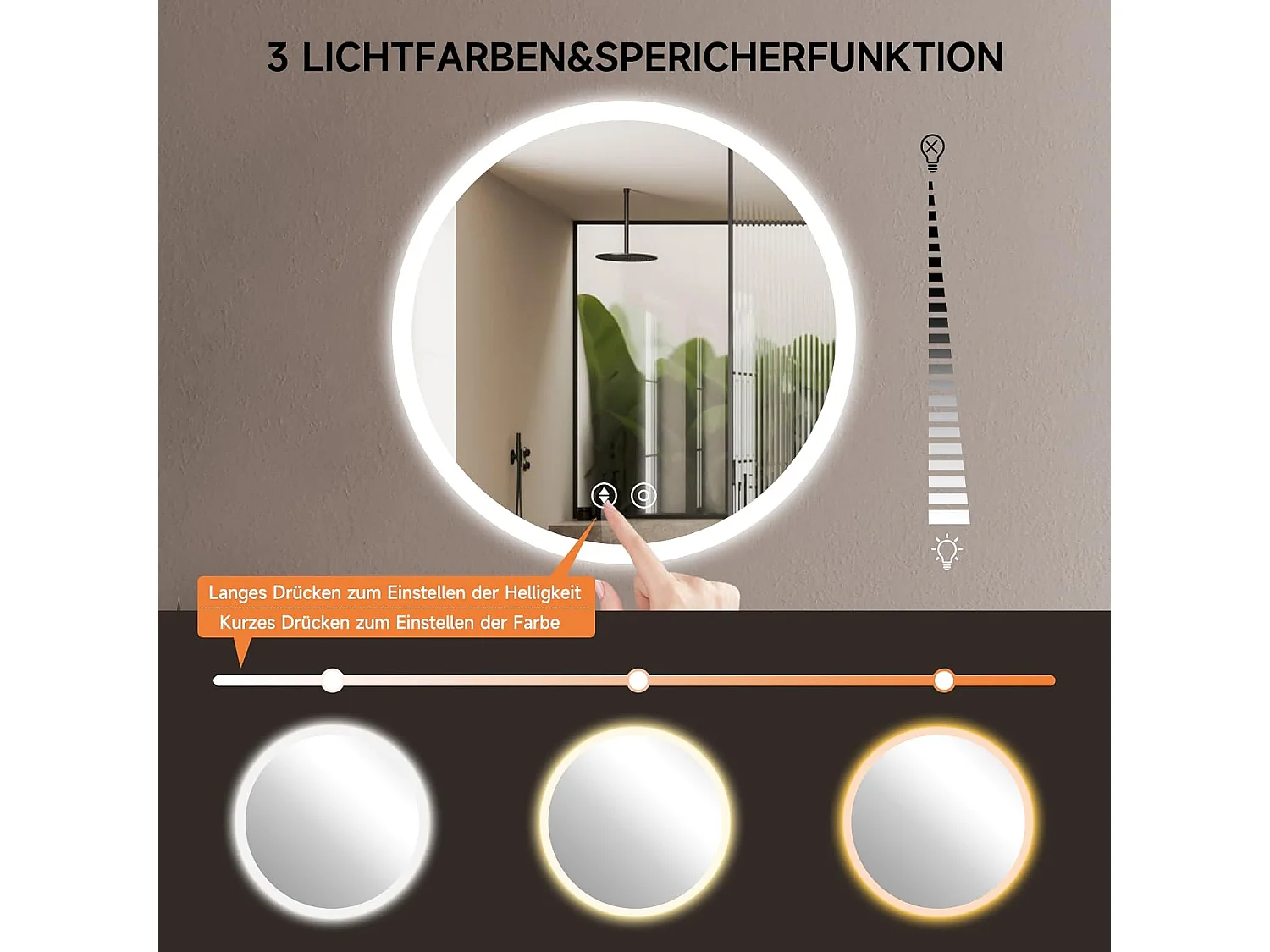 Miroir de Bain Rond YOLEO avec Éclairage, 50cm, Miroir de Salle de Bain/Miroir Mural à Commande Tactile et Verre Sécurit, 3 Couleurs de Lumière Réglables, 6500K