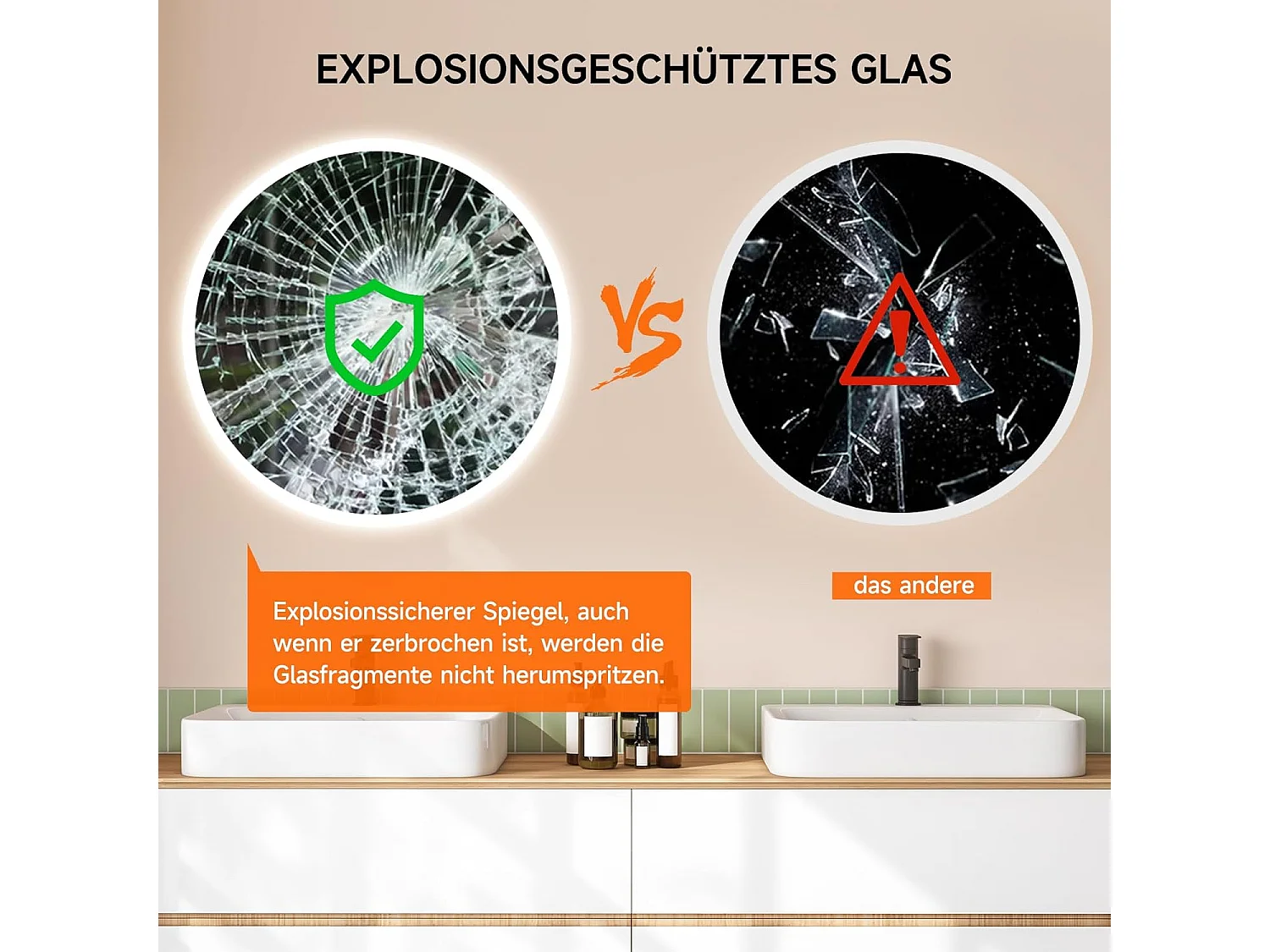 Miroir de Bain Rond YOLEO avec Éclairage, 50cm, Miroir de Salle de Bain/Miroir Mural à Commande Tactile et Verre Sécurit, 3 Couleurs de Lumière Réglables, 6500K