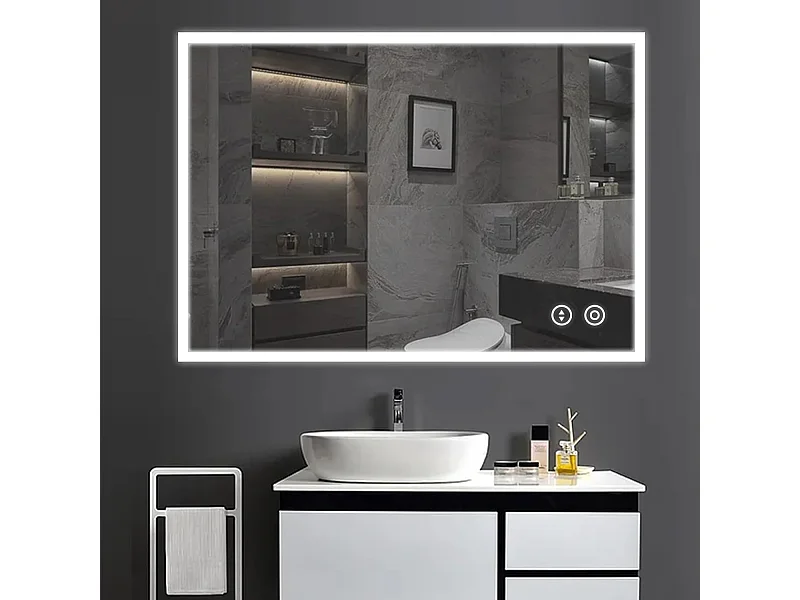 Miroir de Salle de Bain YOLEO avec Éclairage, 80 x 60 cm, Miroir Murale avec Prise Electrique, Commande Tactile et Fonction Anti-Buée