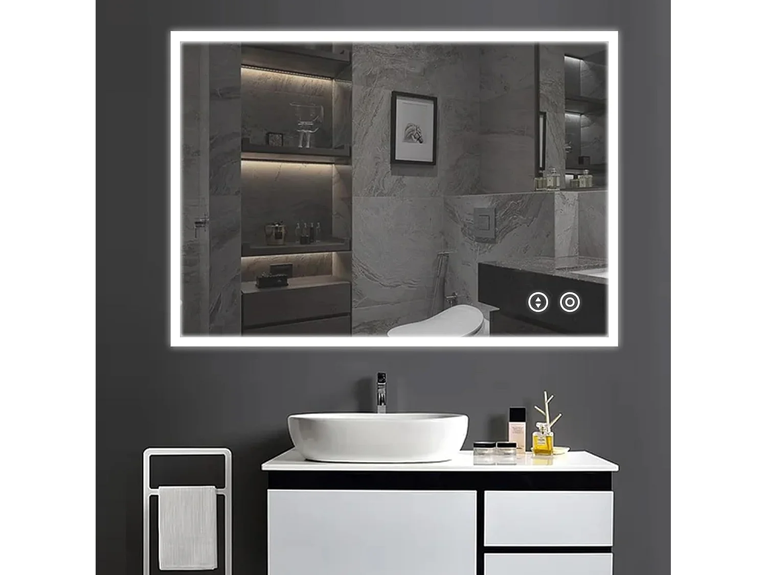 Miroir de Salle de Bain YOLEO avec Éclairage, 80 x 60 cm, Miroir Murale avec Prise Electrique, Commande Tactile et Fonction Anti-Buée