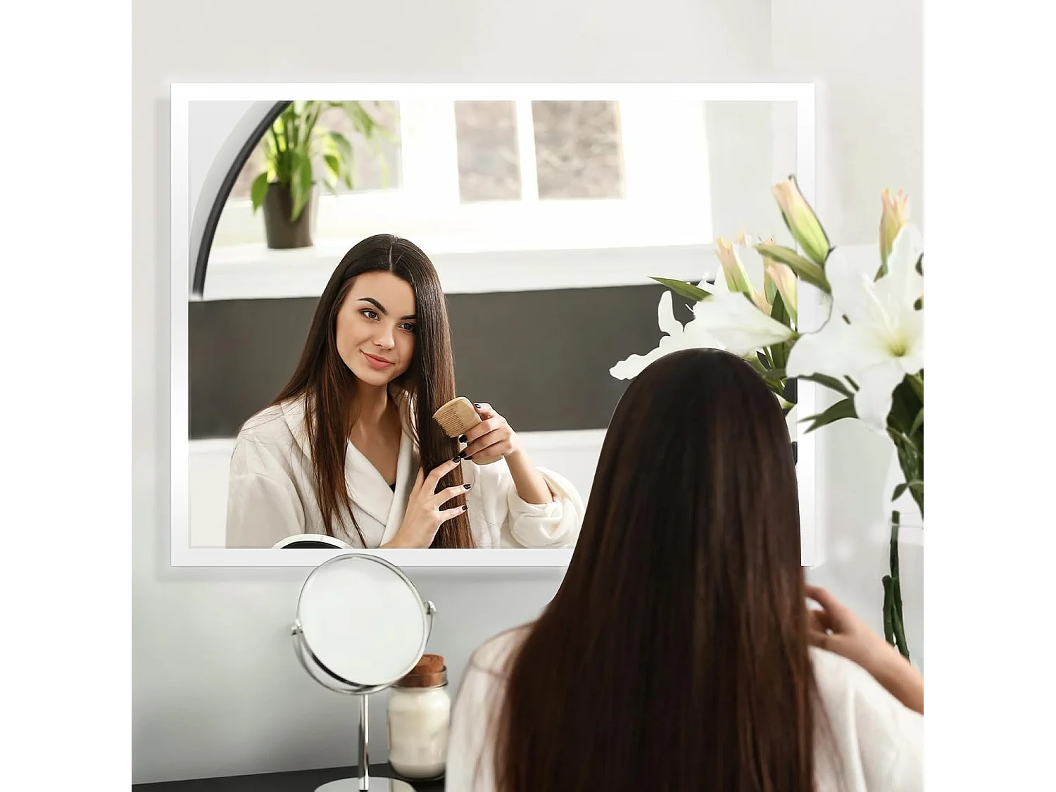 Miroir de Salle de Bain YOLEO avec Éclairage, 80 x 60 cm, Miroir Murale avec Prise Electrique, Commande Tactile et Fonction Anti-Buée