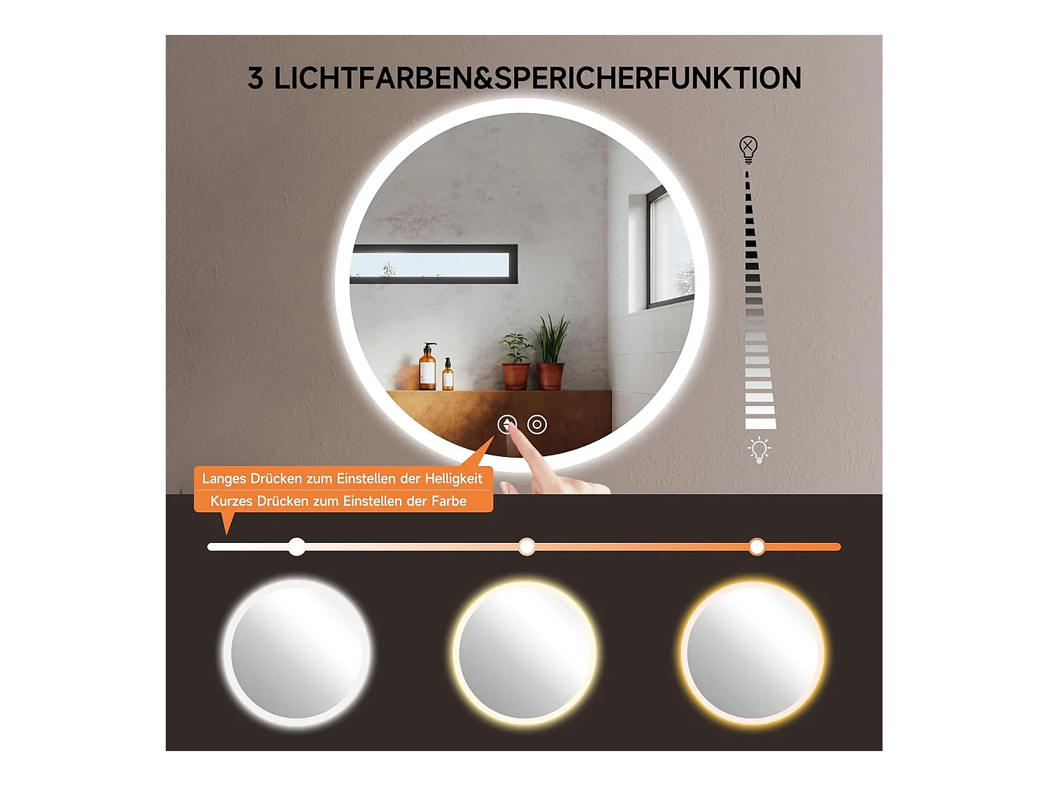 Specchio da Bagno Rotondo YOLEO con Illuminazione, 70cm, Specchio per Bagno/Specchio a Parete con Interruttore Touch e Vetro di Sicurezza