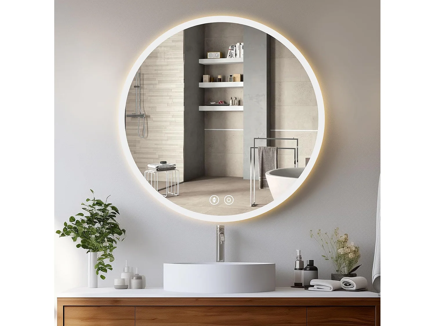 Ronde Badkamerspiegel YOLEO met Verlichting, 70cm, Badkamerspiegel/Wandspiegel met Touchschakelaar en Veiligheidsglas, 3 Lichtkleuren Dimbare, 6500K