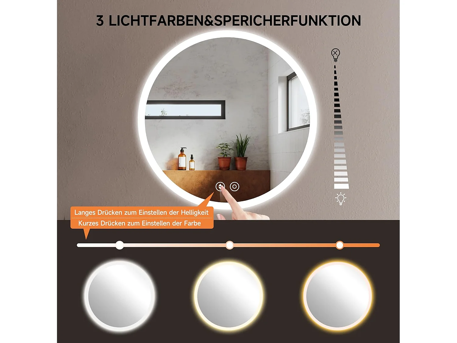 Ronde Badkamerspiegel YOLEO met Verlichting, 70cm, Badkamerspiegel/Wandspiegel met Touchschakelaar en Veiligheidsglas, 3 Lichtkleuren Dimbare, 6500K
