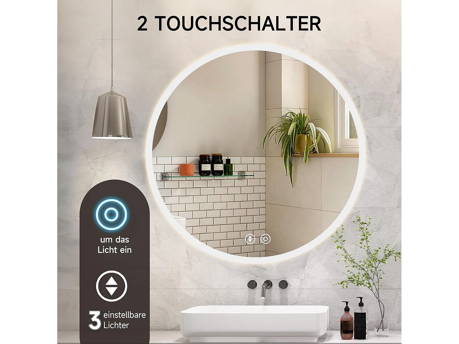 Ronde Badkamerspiegel YOLEO met Verlichting, 70cm, Badkamerspiegel/Wandspiegel met Touchschakelaar en Veiligheidsglas, 3 Lichtkleuren Dimbare, 6500K