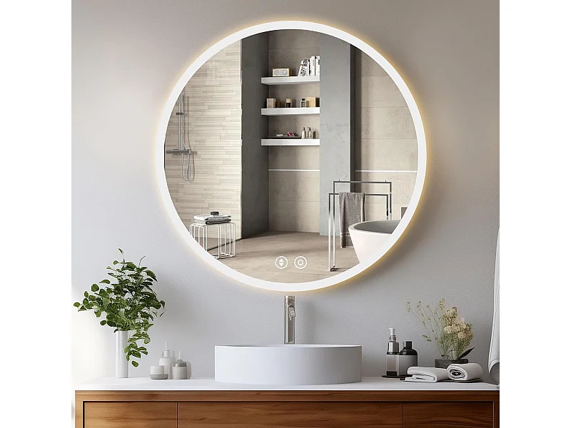 Ronde Badkamerspiegel YOLEO met Verlichting, 70cm, Badkamerspiegel/Wandspiegel met Touchschakelaar en Veiligheidsglas, 3 Lichtkleuren Dimbare, 6500K