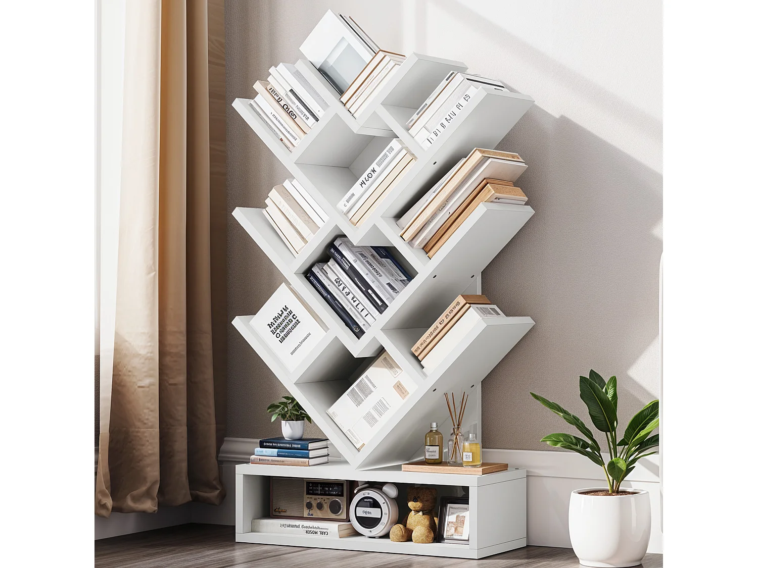 Balconera Bibliothèque en forme d'arbre - Style industriel moderne - Étagère d'angle autoportante - Blanc