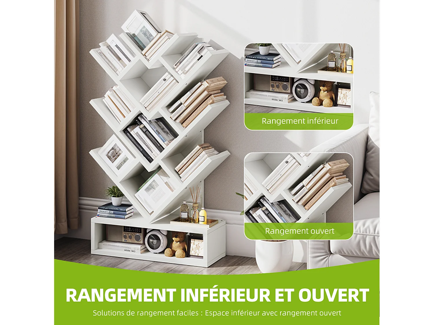 Balconera Bibliothèque en forme d'arbre - Style industriel moderne - Étagère d'angle autoportante - Blanc