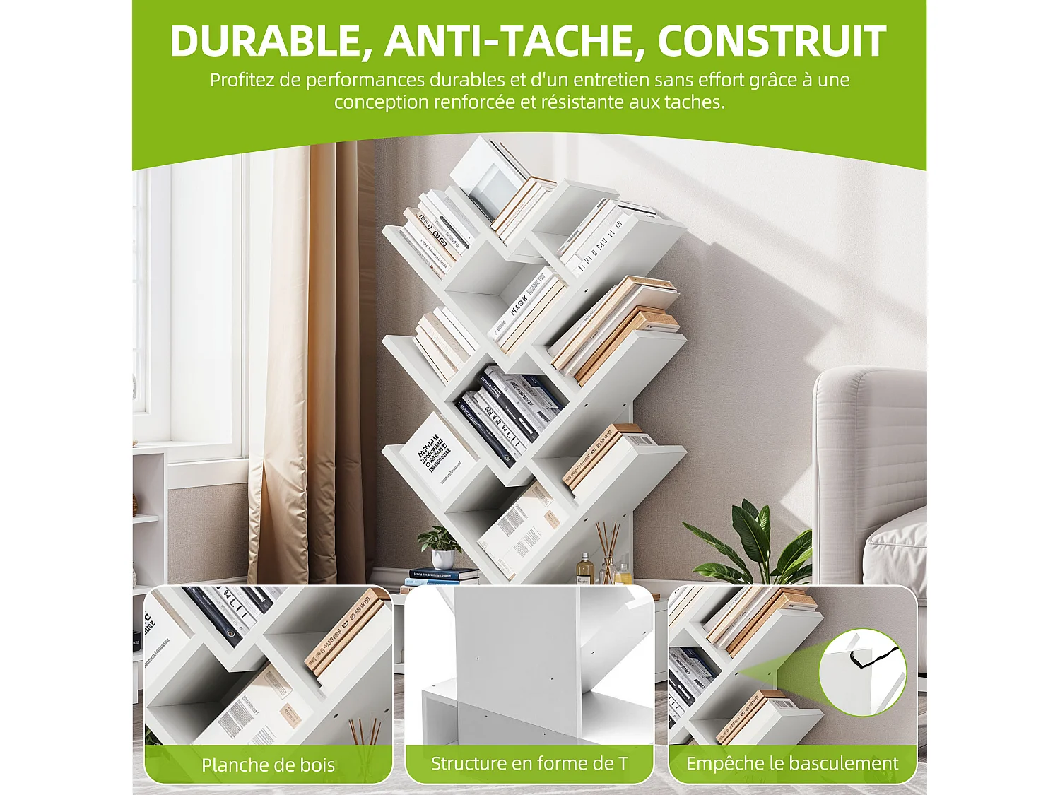 Balconera Bibliothèque en forme d'arbre - Style industriel moderne - Étagère d'angle autoportante - Blanc