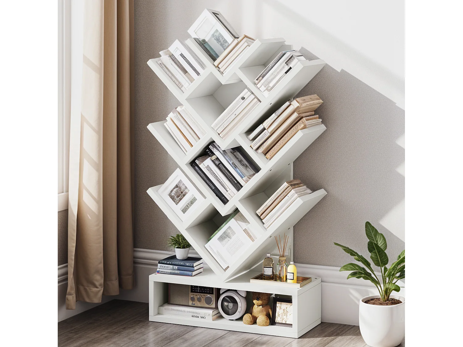 Balconera Bibliothèque en forme d'arbre - Style industriel moderne - Étagère d'angle autoportante - Blanc