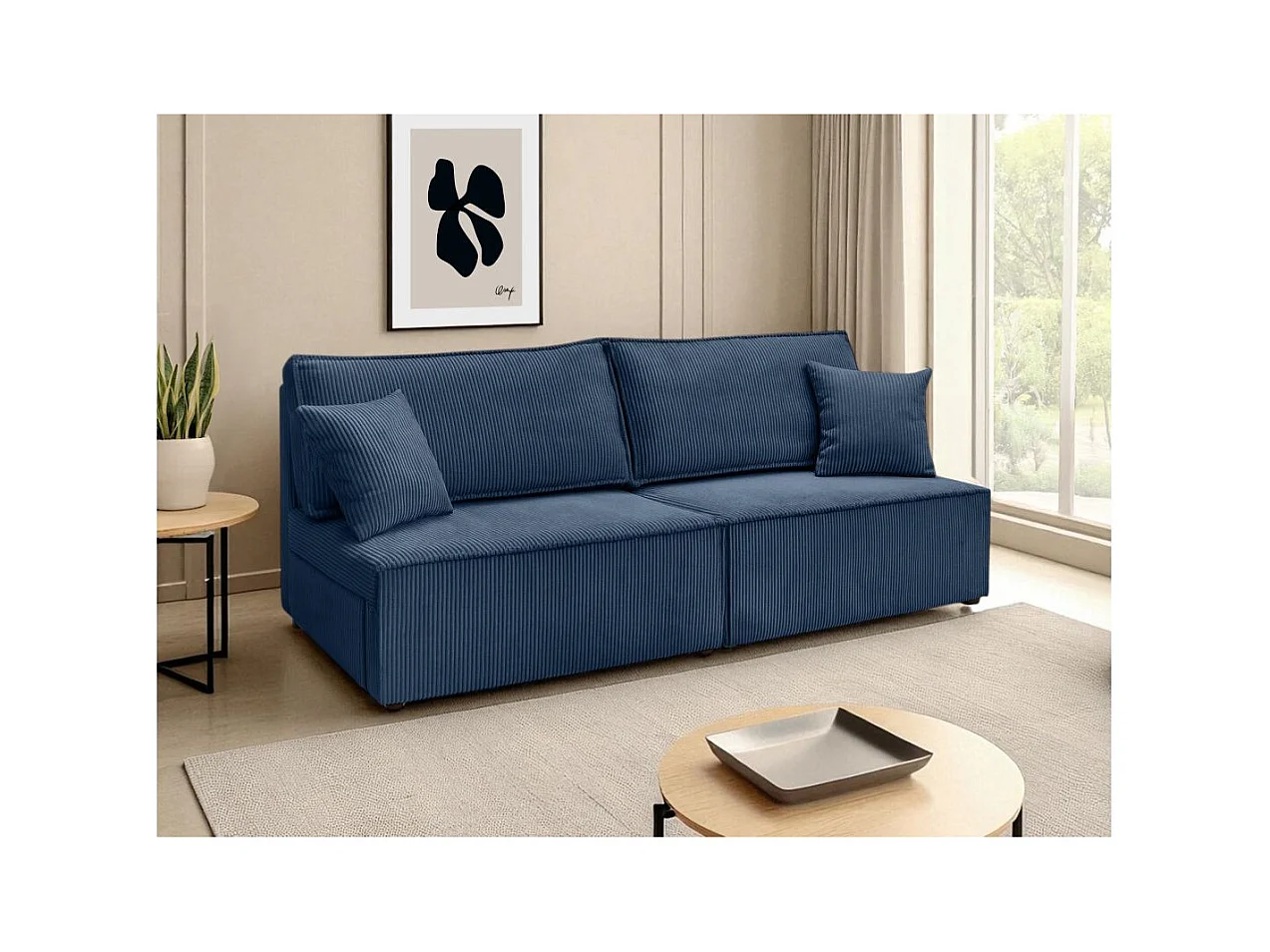 Canapé convertible 3 places FIONA sans accoudoirs coffre de rangement velours côtelé - Bleu foncé