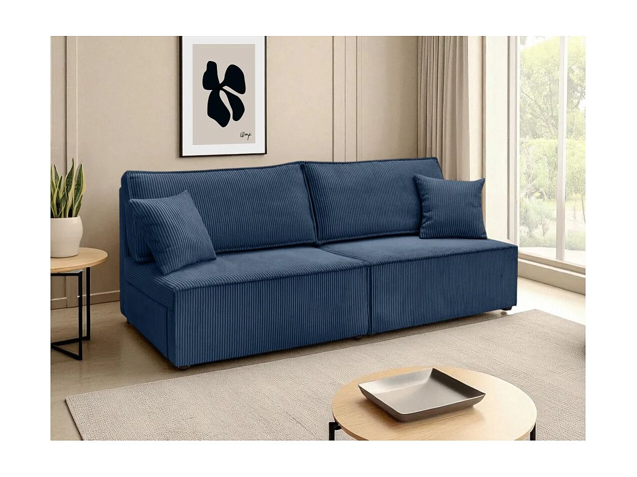 Canapé convertible 3 places FIONA sans accoudoirs coffre de rangement velours côtelé - Bleu foncé