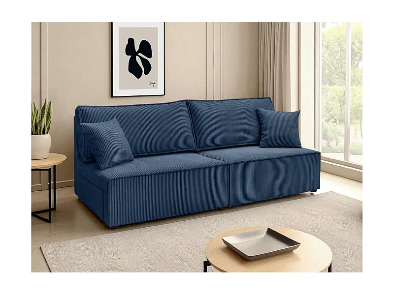 Canapé convertible 3 places FIONA sans accoudoirs coffre de rangement velours côtelé - Bleu foncé