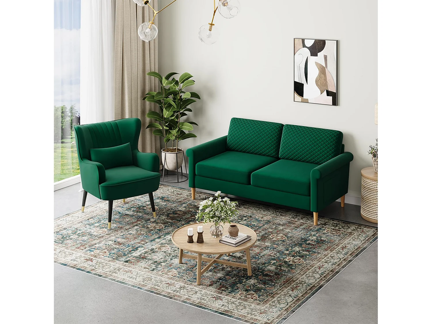 Fauteuil en Velours, Chaise Longue Relax Moderne avec Pied en Bois, Fauteuils Lounge avec accoudoirs, Fauteuil à Oreilles pour Salon Chambre à Coucher