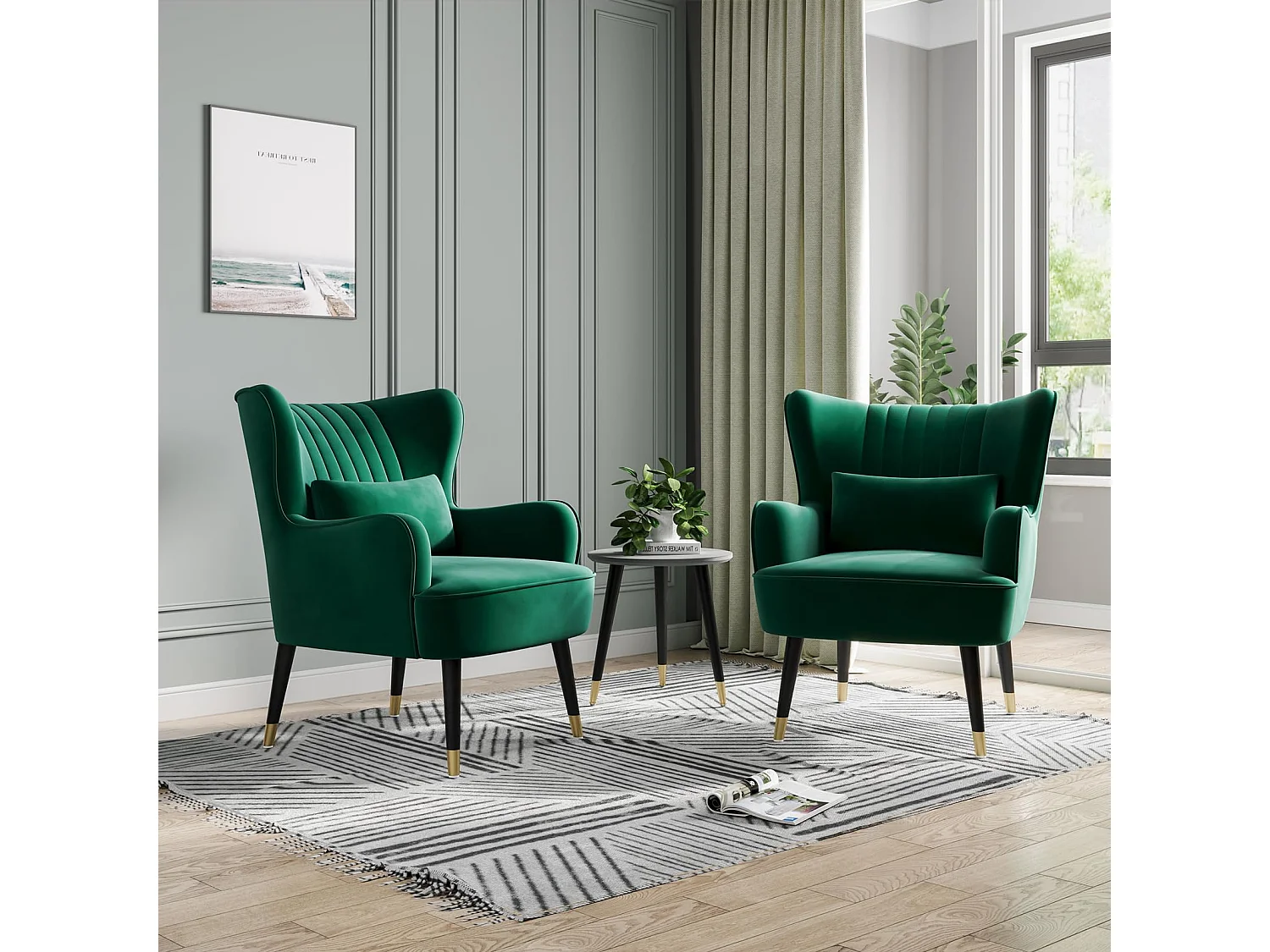 Fauteuil en Velours, Chaise Longue Relax Moderne avec Pied en Bois, Fauteuils Lounge avec accoudoirs, Fauteuil à Oreilles pour Salon Chambre à Coucher
