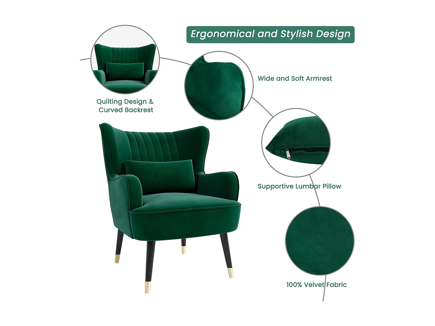 Fauteuil en Velours, Chaise Longue Relax Moderne avec Pied en Bois, Fauteuils Lounge avec accoudoirs, Fauteuil à Oreilles pour Salon Chambre à Coucher