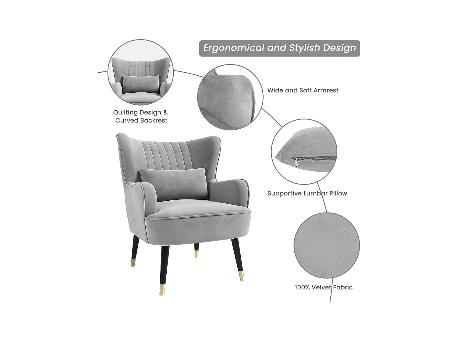 Fauteuil en Velours, Chaise Longue Relax Moderne avec Pied en Bois, Fauteuils Lounge avec accoudoirs, Fauteuil à Oreilles pour Salon Chambre à Coucher