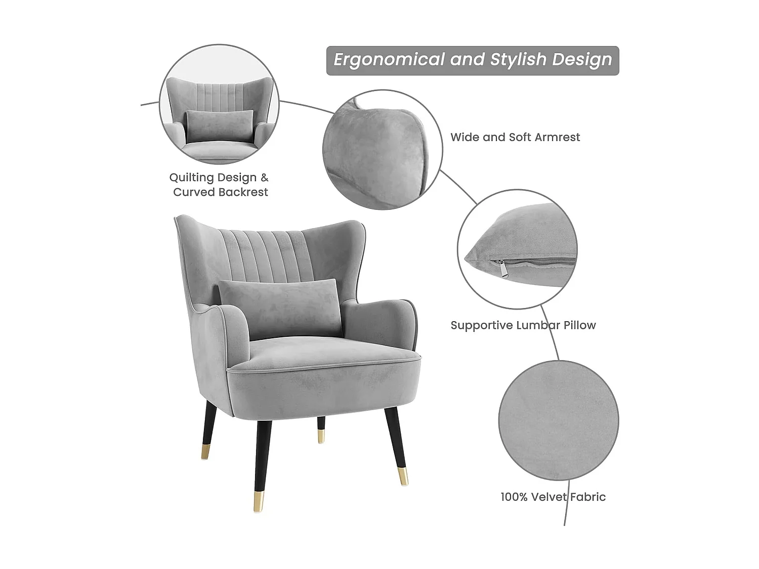 Fauteuil en Velours, Chaise Longue Relax Moderne avec Pied en Bois, Fauteuils Lounge avec accoudoirs, Fauteuil à Oreilles pour Salon Chambre à Coucher