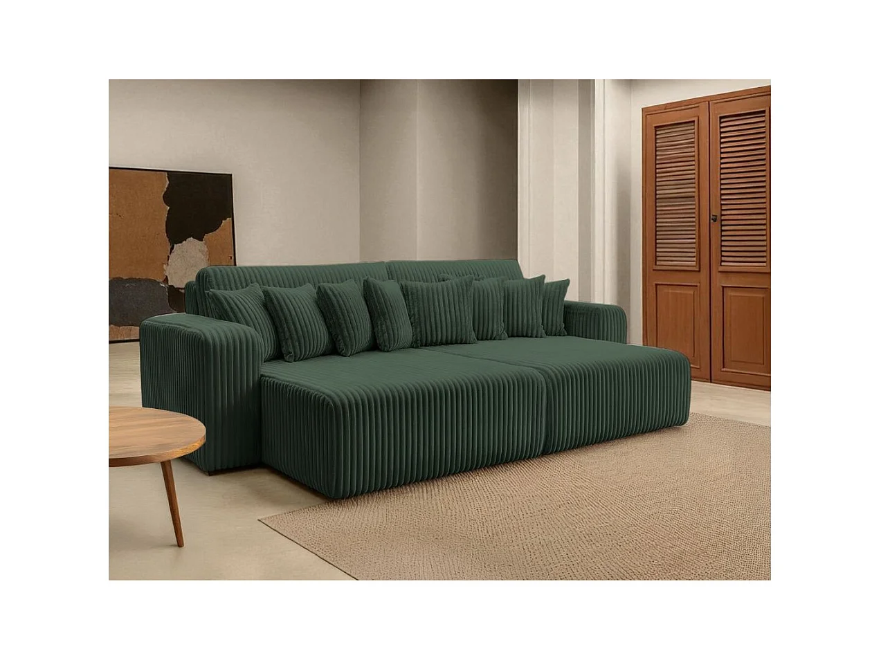 Canapé droit 4 places JADE double méridienne et assise profonde en velours côtelé épais - Vert foncé