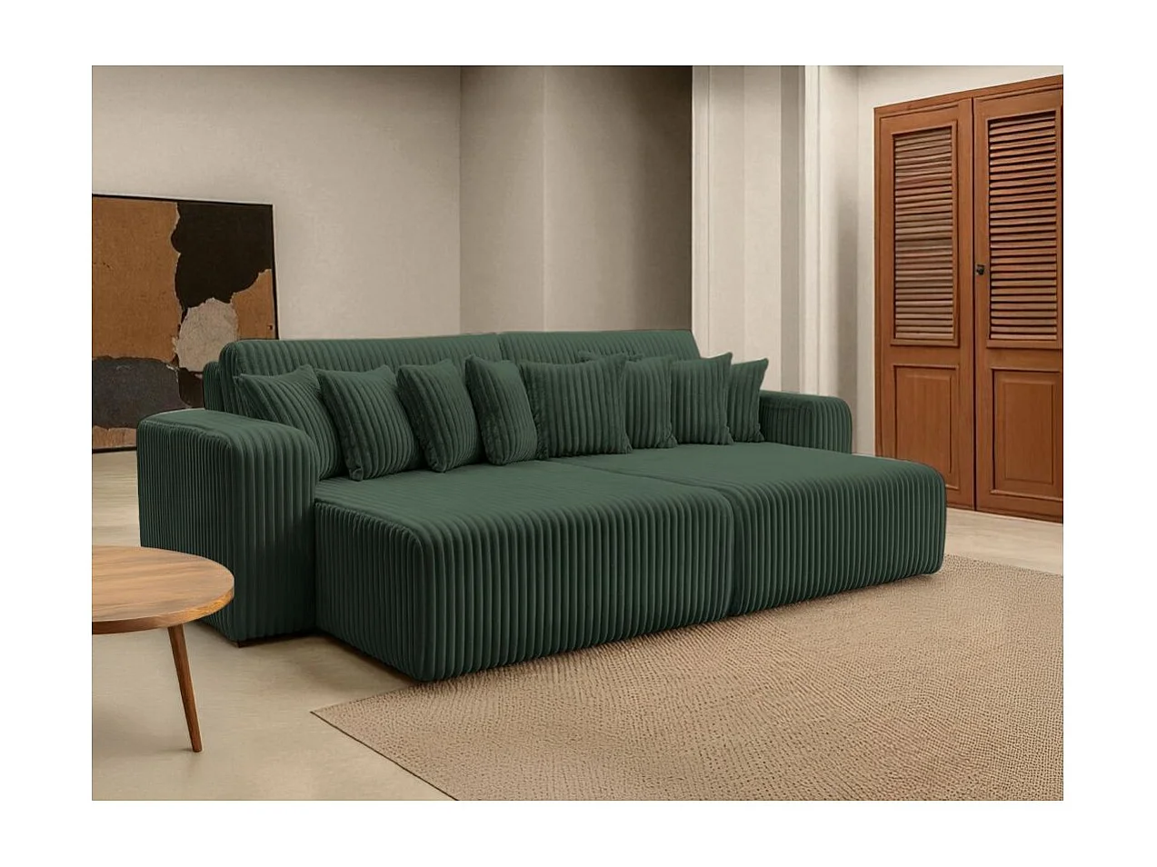 Canapé droit 4 places JADE double méridienne et assise profonde en velours côtelé épais - Vert foncé