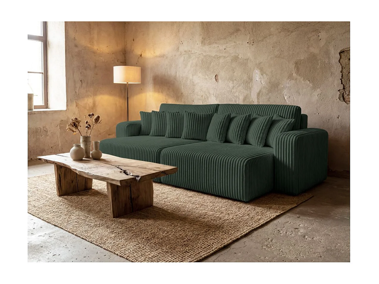 Canapé droit 4 places JADE double méridienne et assise profonde en velours côtelé épais - Vert foncé