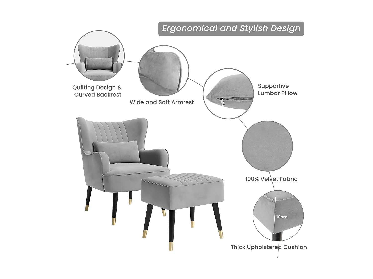 Fauteuil en Velours, Fauteuils Lounge avec accoudoirs, Fauteuil à Oreilles pour Salon Chambre à Coucher Envoyé en Deux Colis