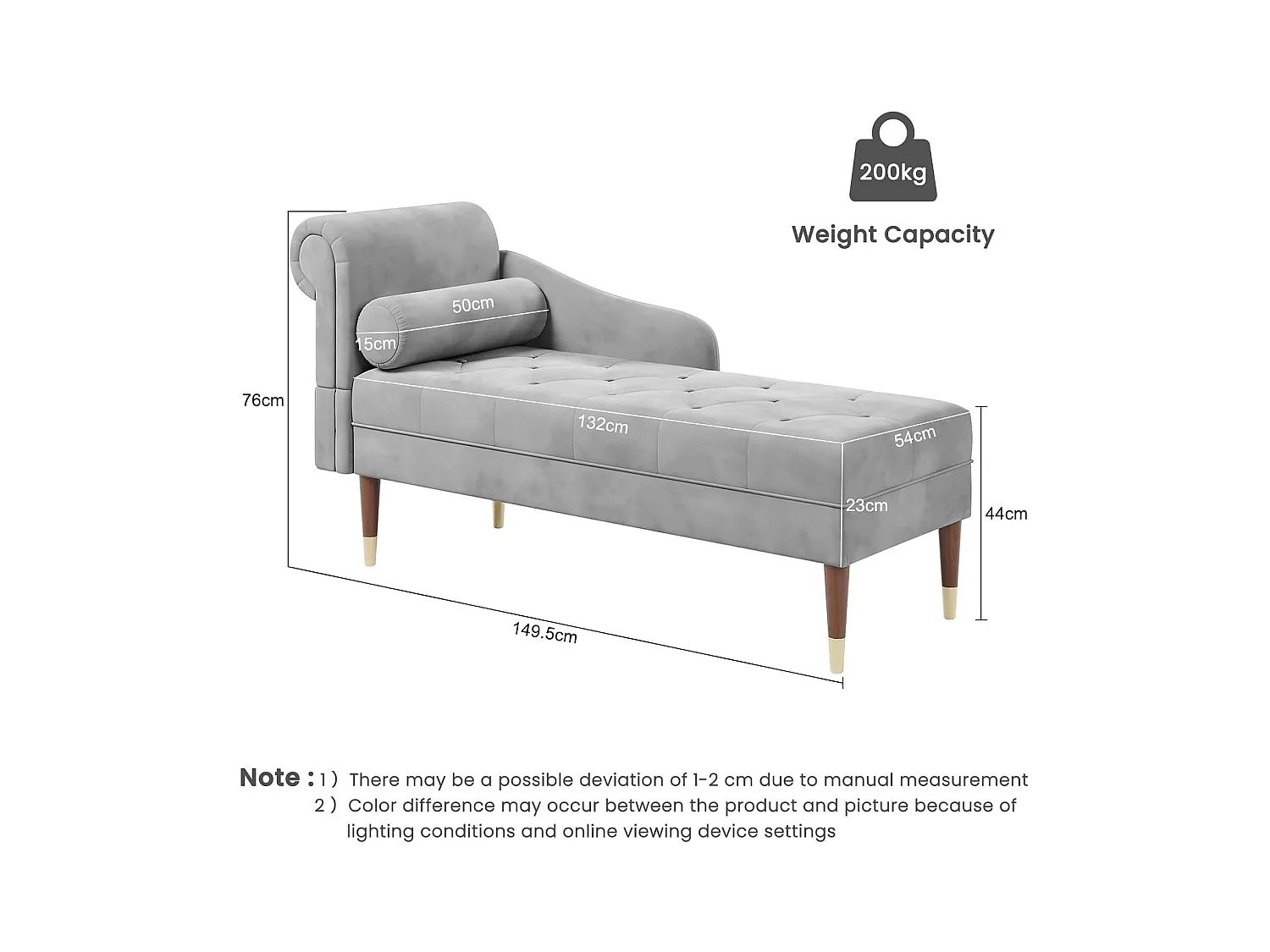 Fluwelen chaise longue, chaise longue, relaxfauteuil met armleuningen aan de linkerkant en lendenkussen voor woonkamer, appartement, kleine ruimte - grijs