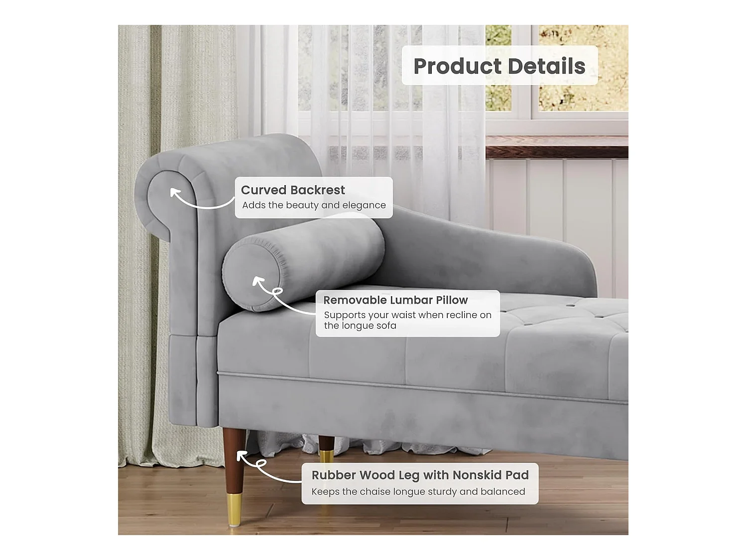 Fluwelen chaise longue, chaise longue, relaxfauteuil met armleuningen aan de linkerkant en lendenkussen voor woonkamer, appartement, kleine ruimte - grijs