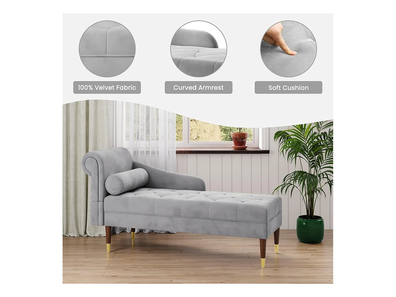 Fluwelen chaise longue, chaise longue, relaxfauteuil met armleuningen aan de linkerkant en lendenkussen voor woonkamer, appartement, kleine ruimte - grijs