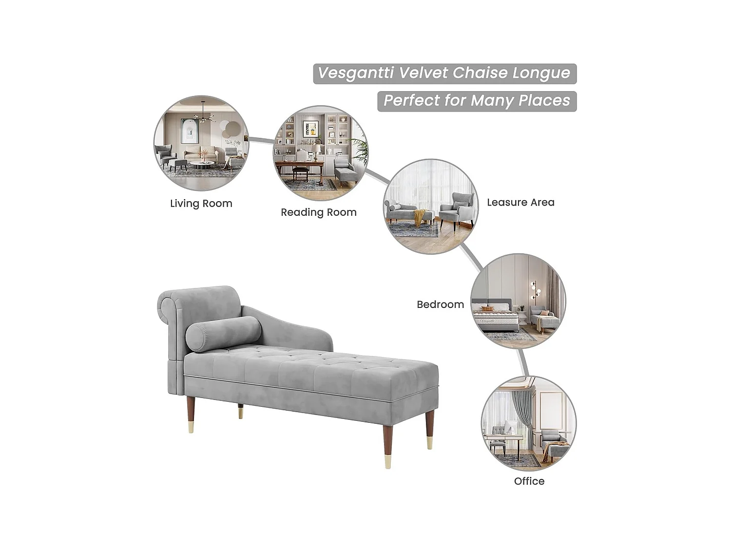 Fluwelen chaise longue, chaise longue, relaxfauteuil met armleuningen aan de linkerkant en lendenkussen voor woonkamer, appartement, kleine ruimte - grijs