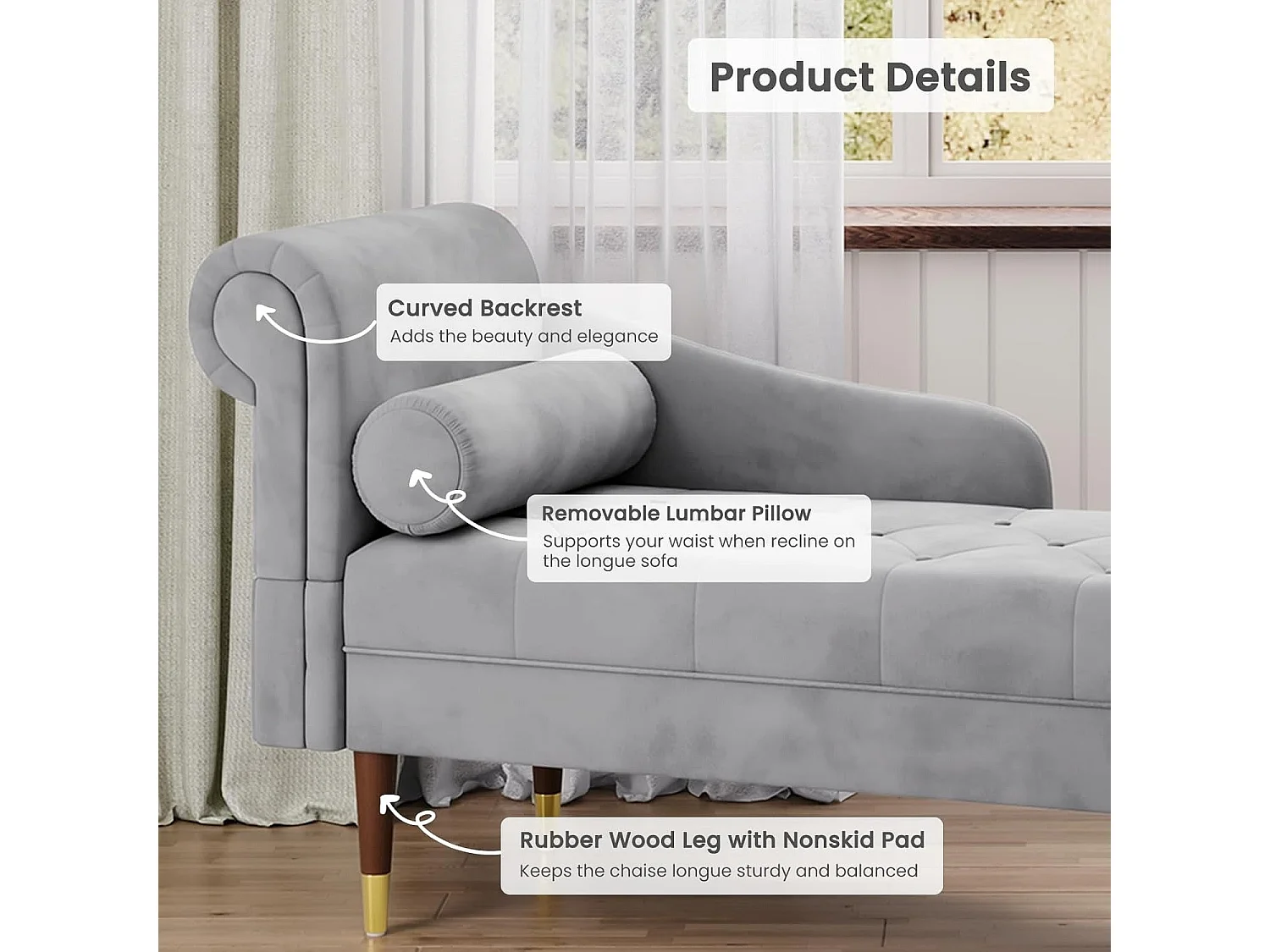 Méridienne Salon en Velours, Chaise Longue Fauteuil Relax Canapé avec Accoudoirs Gauche Coussin Lombaire pour Salon, Appartement, Petit Espace - Gris