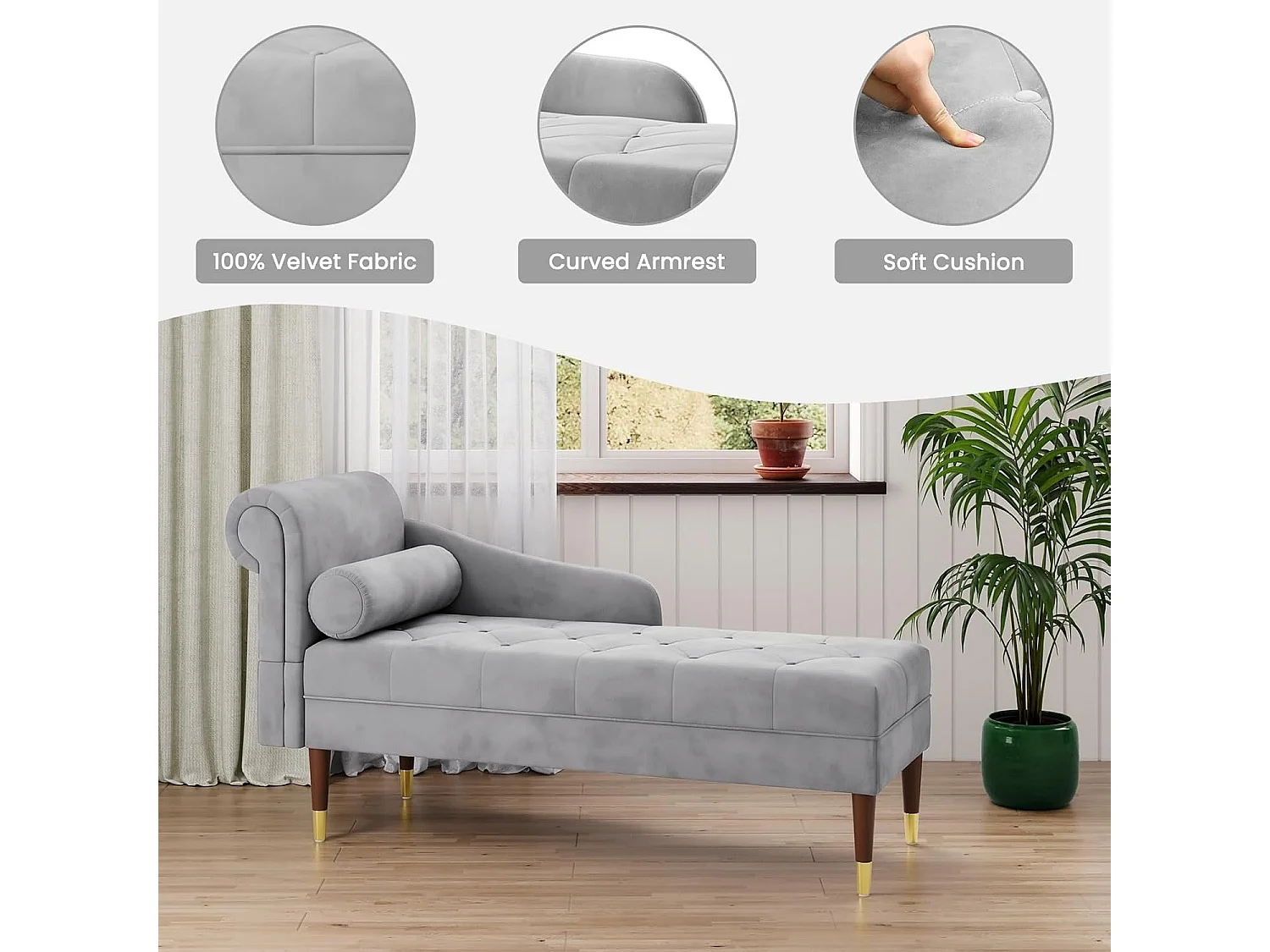 Méridienne Salon en Velours, Chaise Longue Fauteuil Relax Canapé avec Accoudoirs Gauche Coussin Lombaire pour Salon, Appartement, Petit Espace - Gris