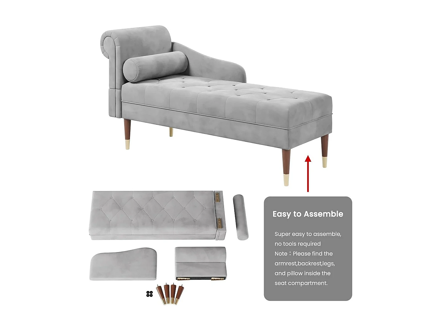 Méridienne Salon en Velours, Chaise Longue Fauteuil Relax Canapé avec Accoudoirs Gauche Coussin Lombaire pour Salon, Appartement, Petit Espace - Gris