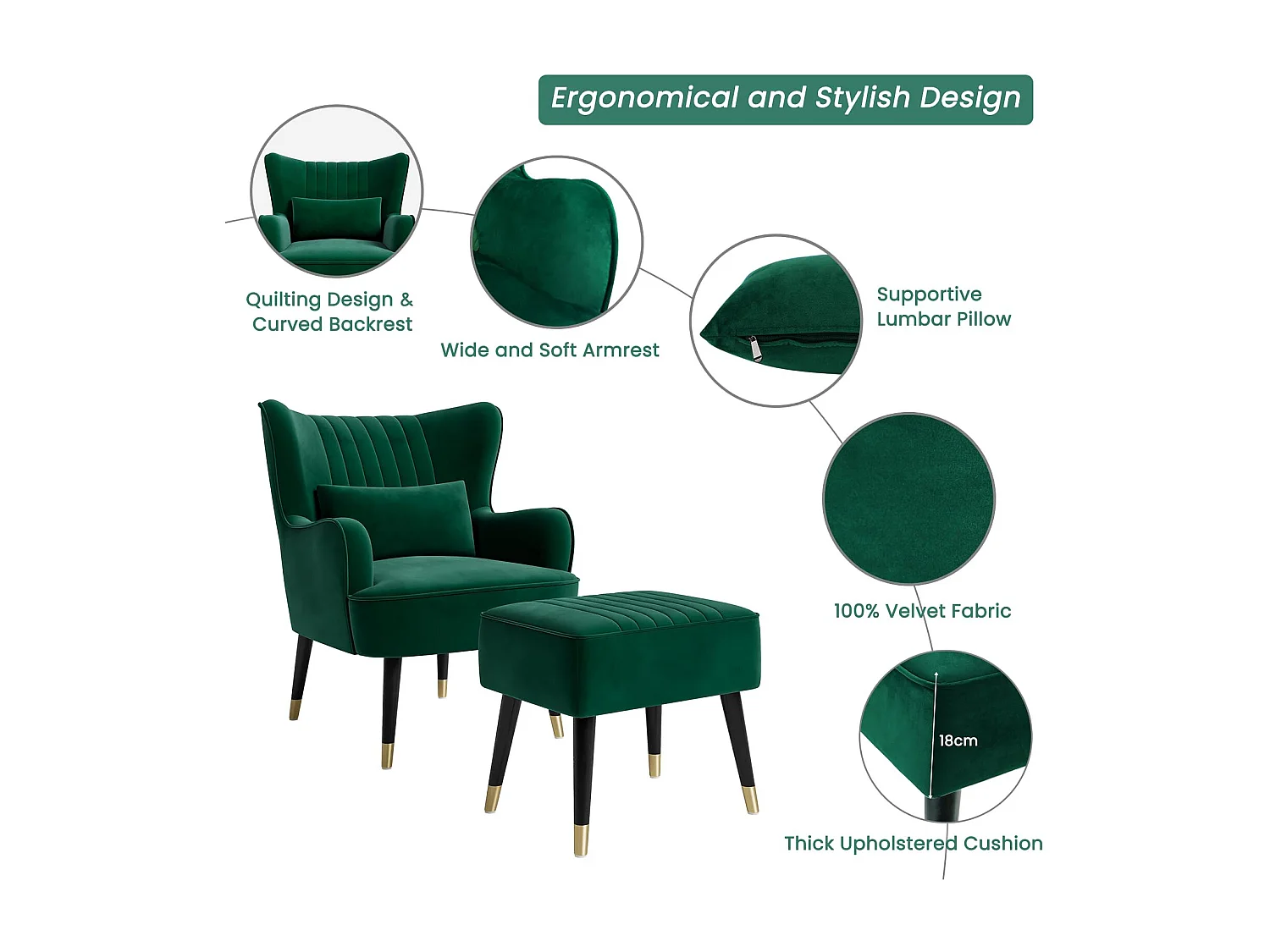 Fauteuil en Velours, Fauteuils Lounge avec accoudoirs, Fauteuil à Oreilles pour Salon Chambre à Coucher Envoyé en Deux Colis