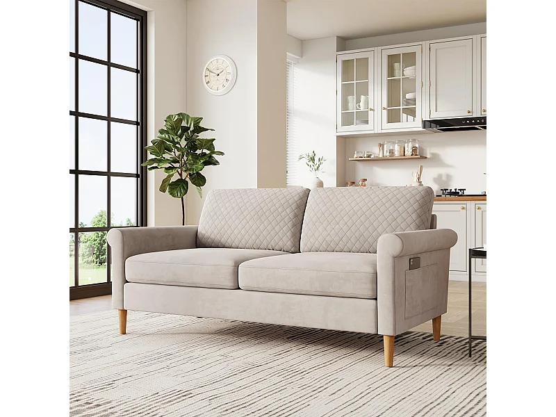 2-zitsbank in beige fluwelen stof, 165 cm, moderne Scandinavische stijl voor woonkamer, appartement, kleine ruimte, massief houten poten, 168x88x75