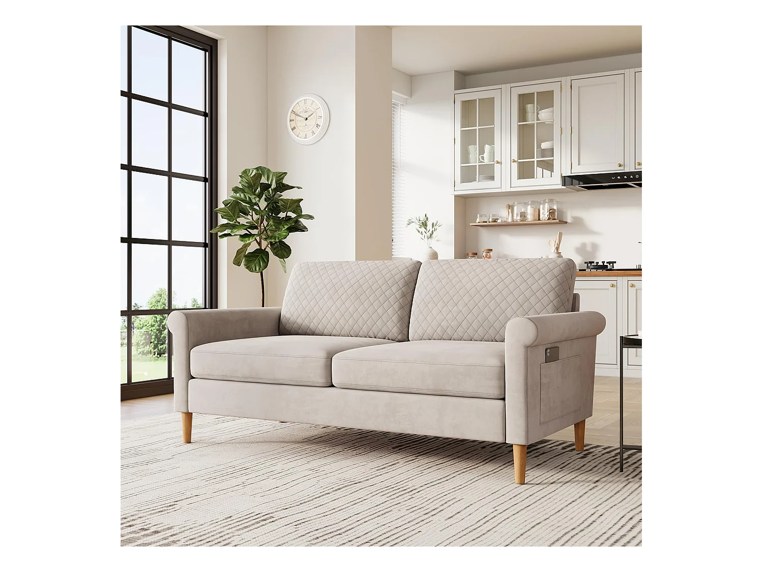 2-zitsbank in beige fluwelen stof, 165 cm, moderne Scandinavische stijl voor woonkamer, appartement, kleine ruimte, massief houten poten, 168x88x75