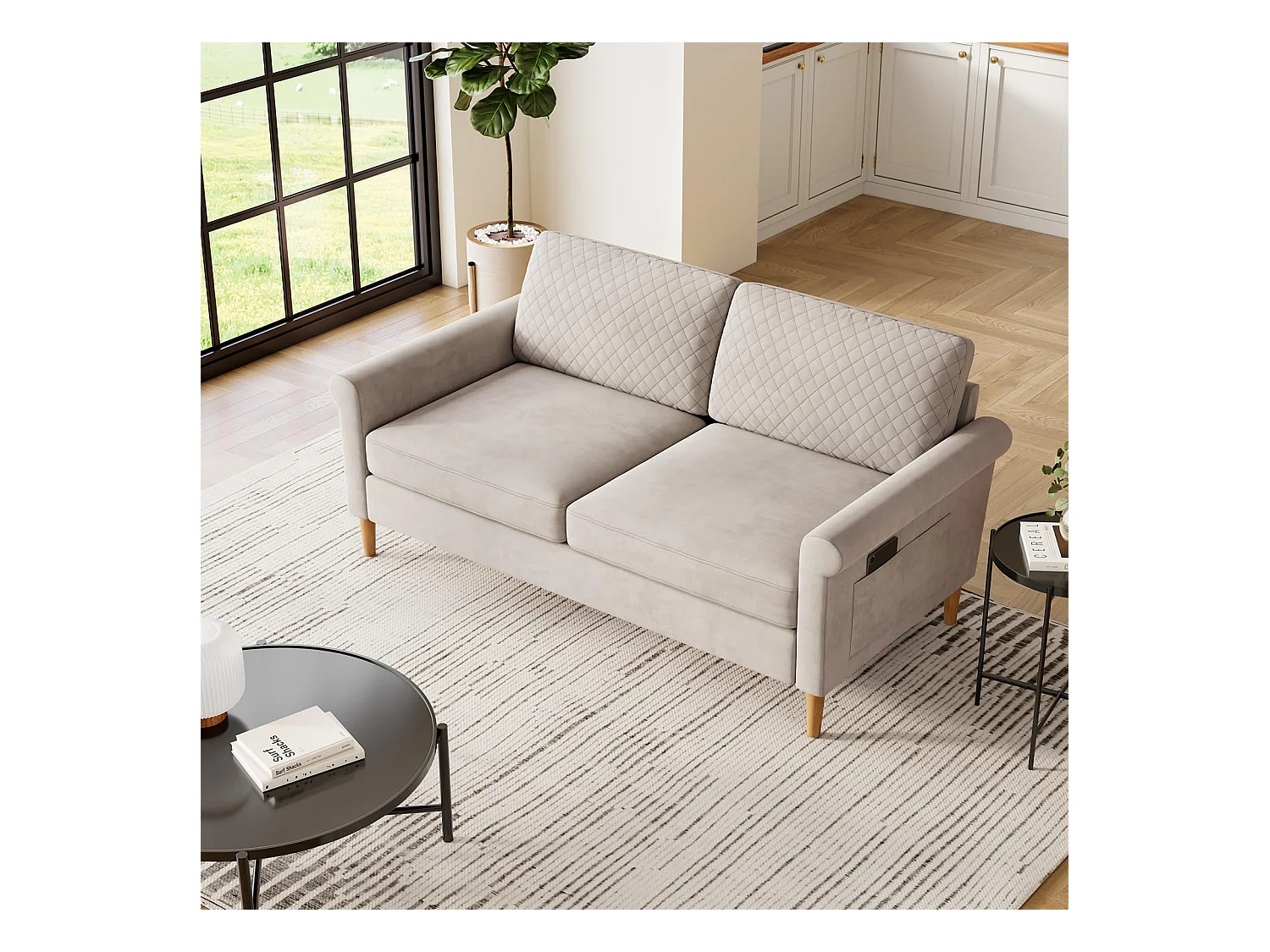 2-zitsbank in beige fluwelen stof, 165 cm, moderne Scandinavische stijl voor woonkamer, appartement, kleine ruimte, massief houten poten, 168x88x75