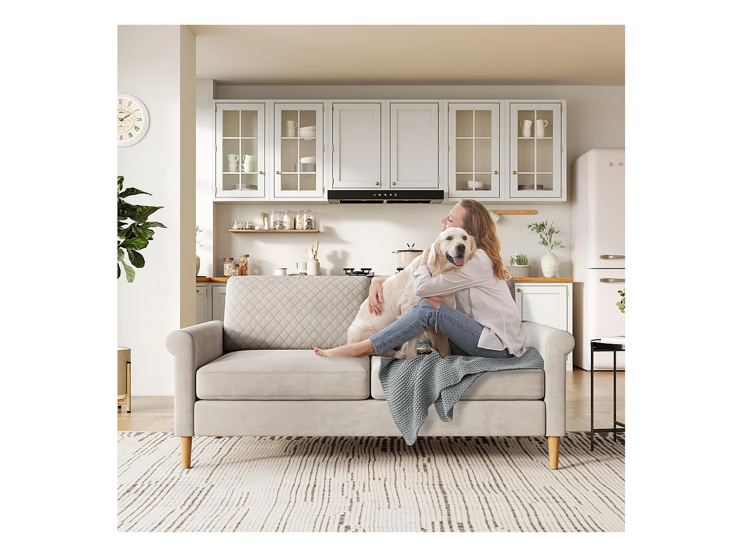 2-zitsbank in beige fluwelen stof, 165 cm, moderne Scandinavische stijl voor woonkamer, appartement, kleine ruimte, massief houten poten, 168x88x75