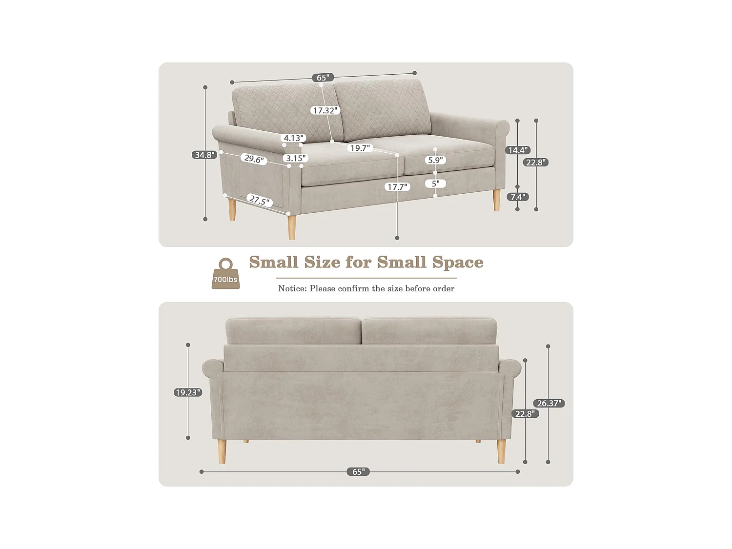 2-zitsbank in beige fluwelen stof, 165 cm, moderne Scandinavische stijl voor woonkamer, appartement, kleine ruimte, massief houten poten, 168x88x75