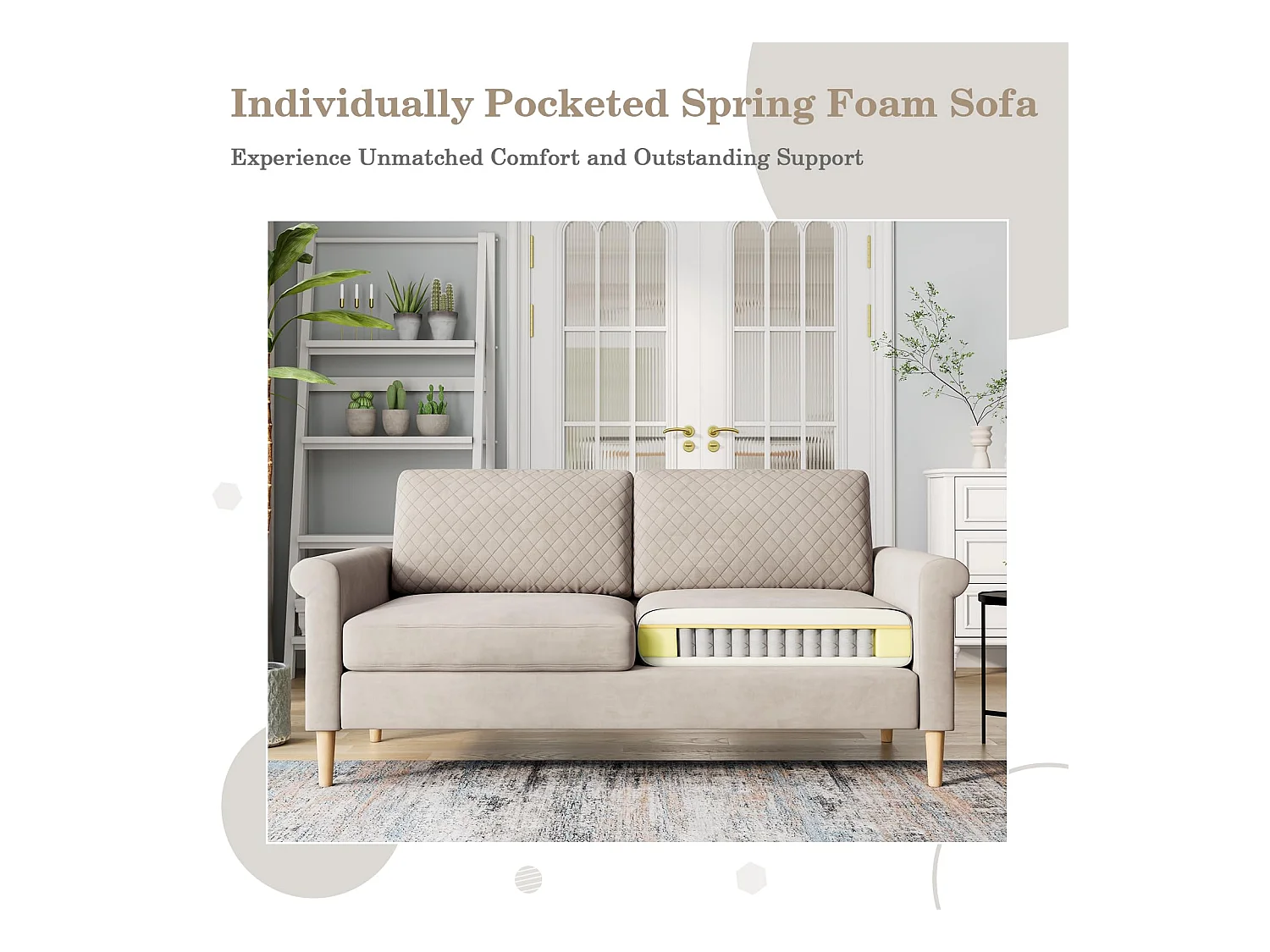 2-zitsbank in beige fluwelen stof, 165 cm, moderne Scandinavische stijl voor woonkamer, appartement, kleine ruimte, massief houten poten, 168x88x75