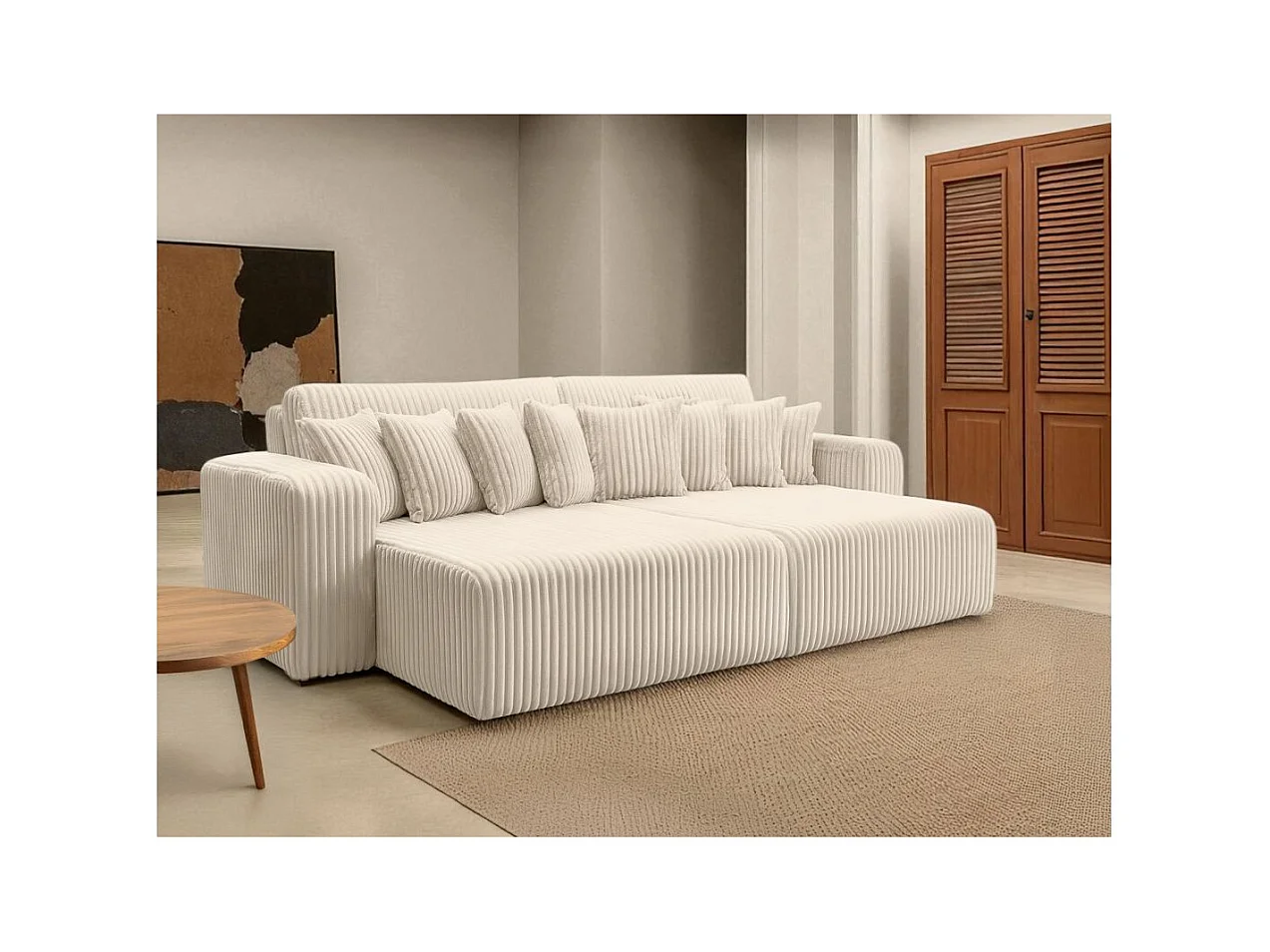 Canapé droit 4 places JADE double méridienne et assise profonde en velours côtelé épais - Beige