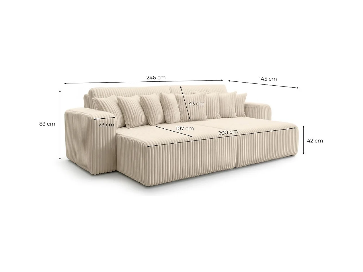 Canapé droit 4 places JADE double méridienne et assise profonde en velours côtelé épais - Beige