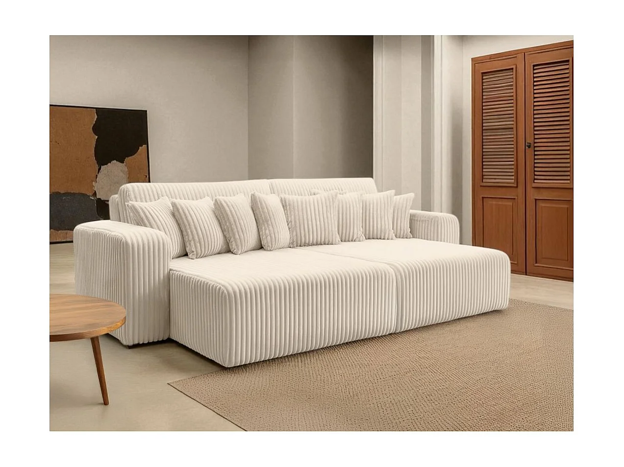 Canapé droit 4 places JADE double méridienne et assise profonde en velours côtelé épais - Beige