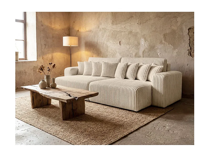 Canapé droit 4 places JADE double méridienne et assise profonde en velours côtelé épais - Beige