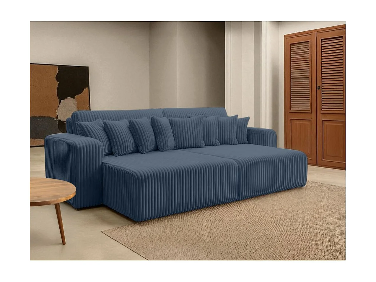 Canapé droit 4 places JADE double méridienne et assise profonde en velours côtelé épais - Bleu foncé