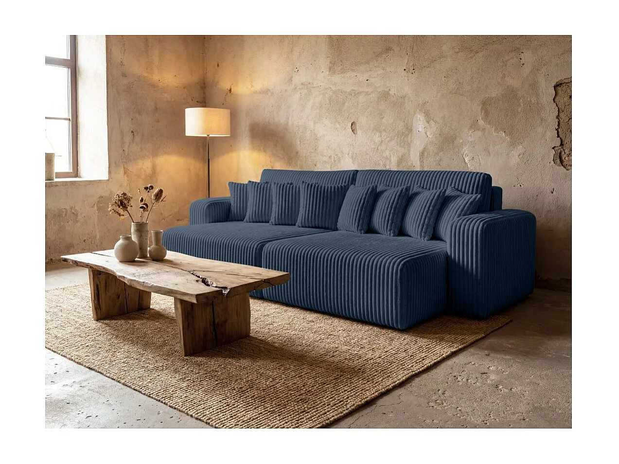 Canapé droit 4 places JADE double méridienne et assise profonde en velours côtelé épais - Bleu foncé