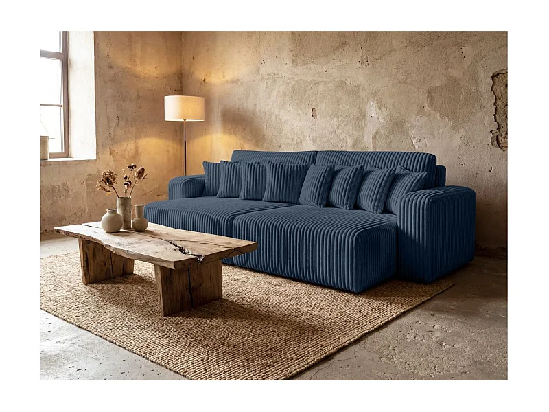 Canapé droit 4 places JADE double méridienne et assise profonde en velours côtelé épais - Bleu foncé