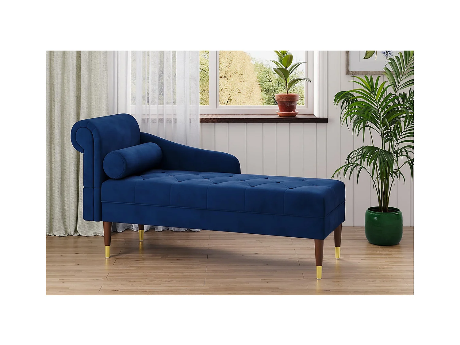 Chaise Longue in tessuto di velluto, poltrona relax con braccioli e cuscino lombare cilindrico per soggiorno, appartamento, piccolo spazio - Blu