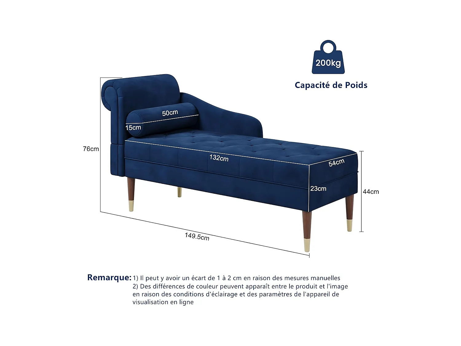 Chaise Longue in tessuto di velluto, poltrona relax con braccioli e cuscino lombare cilindrico per soggiorno, appartamento, piccolo spazio - Blu