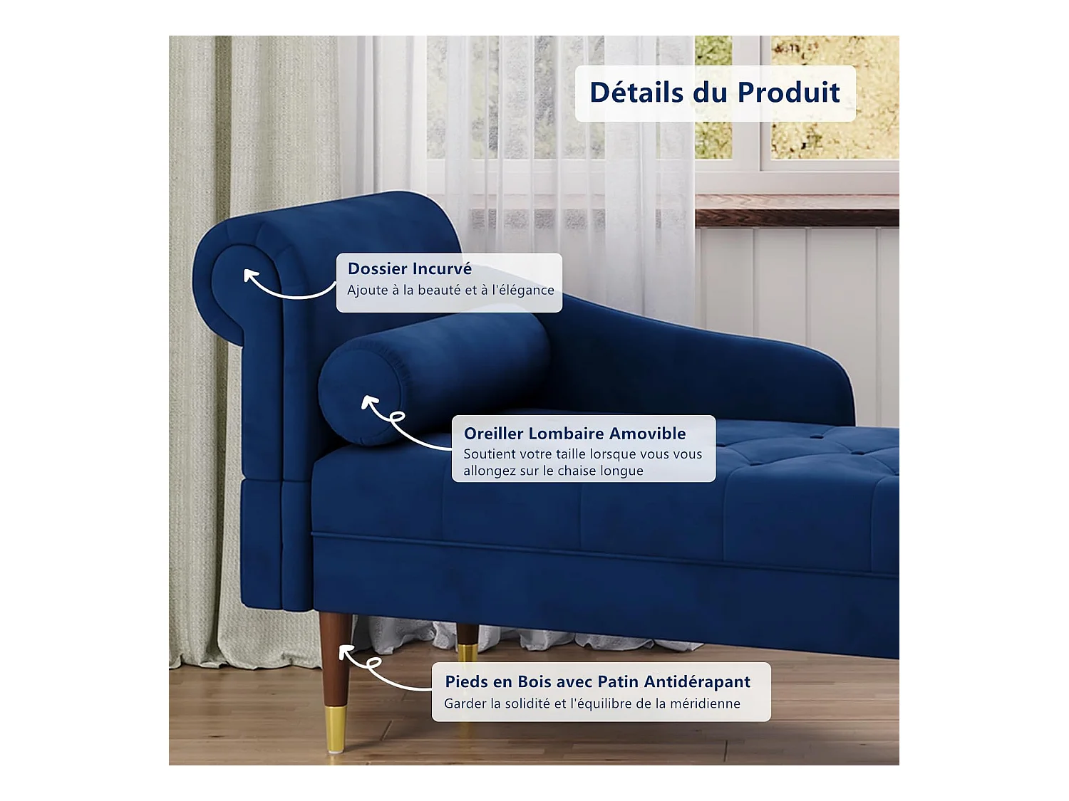 Chaise Longue in tessuto di velluto, poltrona relax con braccioli e cuscino lombare cilindrico per soggiorno, appartamento, piccolo spazio - Blu